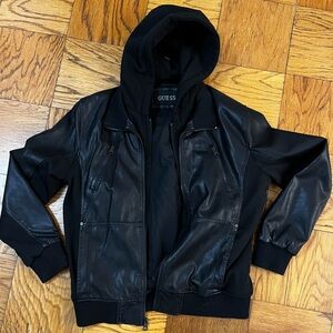 Guess Black Leather Hooded Jacket